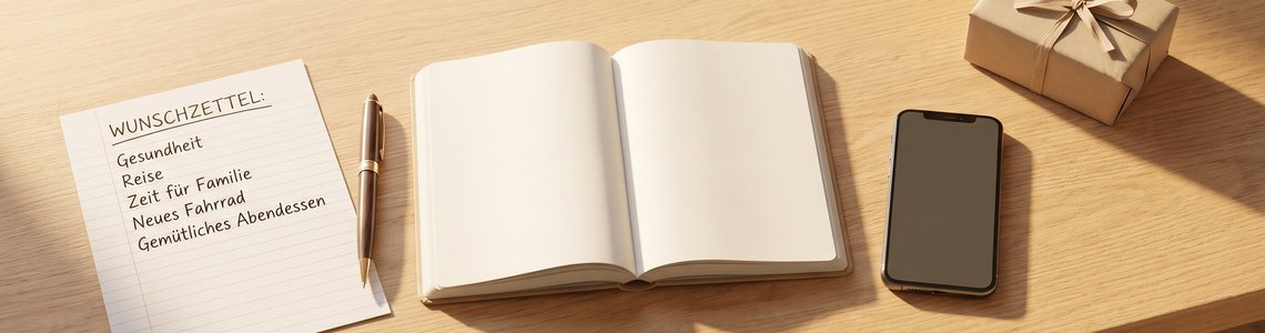 Wunschzettel-Vorlage 2026 Header mit Wunschzettel, Notizbuch und Geschenk