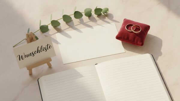 wunschzettel vorlage hochzeit Hochzeitswunschliste als digitale Liste neben Ringen und Einladungskarte