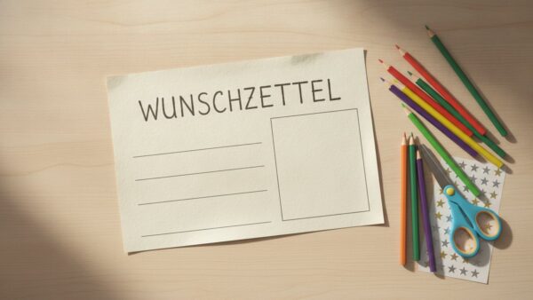 wunschzettel vorlage kinder Wunschzettel-Vorlage fĂŒr Kinder zum Ausdrucken mit Buntstiften auf Holztisch