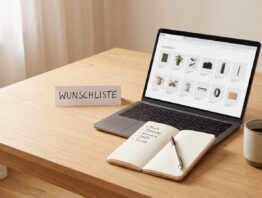 Wunschliste für alle Online-Shops auf Laptop und Notizbuch