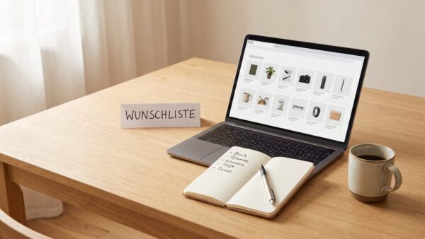 wunschzettel vorlage shops Wunschliste fĂŒr alle Online-Shops auf Laptop und Notizbuch am Schreibtisch