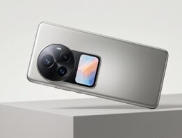 Premium-Smartphone von hinten mit großem Kameramodul und kleinem Rückseitendisplay auf einem Sockel
