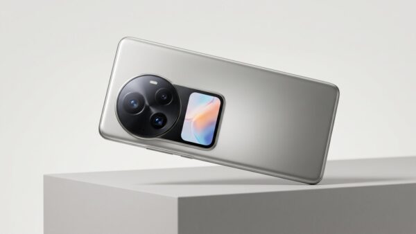 xiaomi 18 pro bild 1 Premium-Smartphone von hinten mit großem Kameramodul und kleinem Rückseitendisplay auf einem Sockel