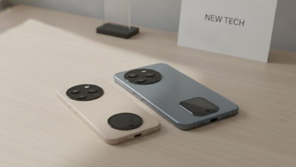 xiaomi 18 pro bild 2 Zwei unterschiedlich große Smartphones mit Rückseitendisplay nebeneinander auf einem Holztisch
