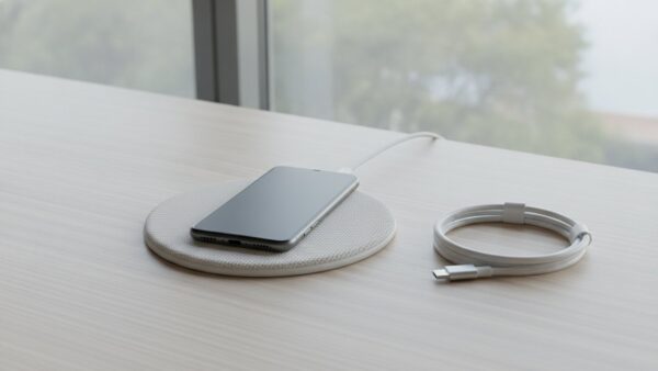 xiaomi 18 pro bild 3 Smartphone auf einem kabellosen Ladepad neben einem aufgerollten USB-C-Kabel