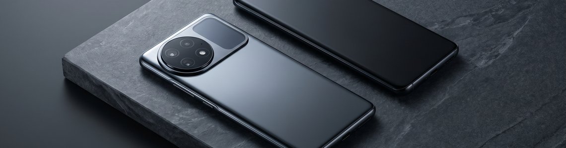 Zwei Premium-Smartphones mit großem Kameramodul und Rückseitendisplay auf einer dunklen Steinplatte