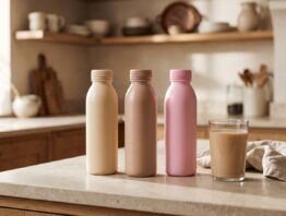 yfood bild 1 Drei unbeschriftete Trinkmahlzeit-Flaschen und ein Glas mit hellbraunem Drink auf einer Küchenarbeitsplatte