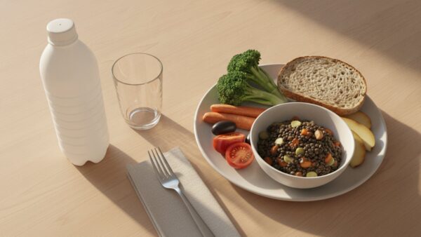 yfood bild 4 Trinkmahlzeit-Flasche neben einem Teller mit GemĂĽse, Vollkornbrot, Linsensalat und Obst