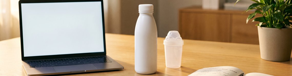 Schreibtisch mit Laptop, unbeschrifteter Trinkmahlzeit-Flasche, Shaker und Notizbuch