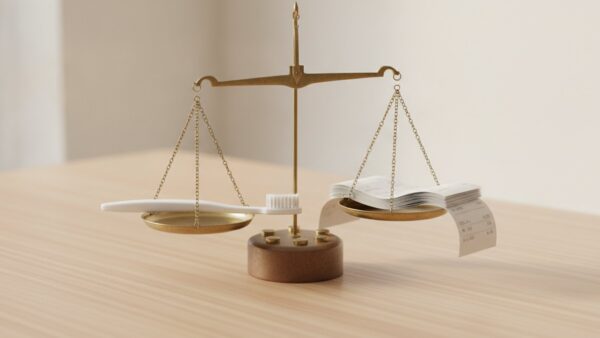 Messing-Balkenwaage mit einer Zahnbürste und leeren Belegen im Gleichgewicht