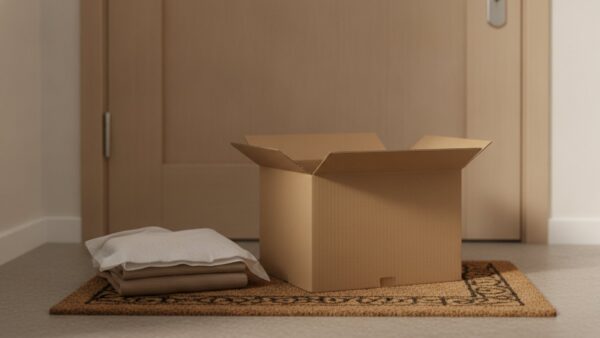 zalando plus bild 3 Geöffneter brauner Versandkarton mit Kleidung auf einer Fußmatte vor einer Wohnungstür