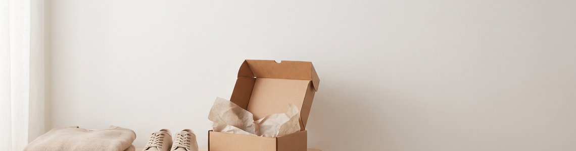 Pullover, schlichte Sneaker und ein geöffneter Versandkarton auf einer hellen Holzablage