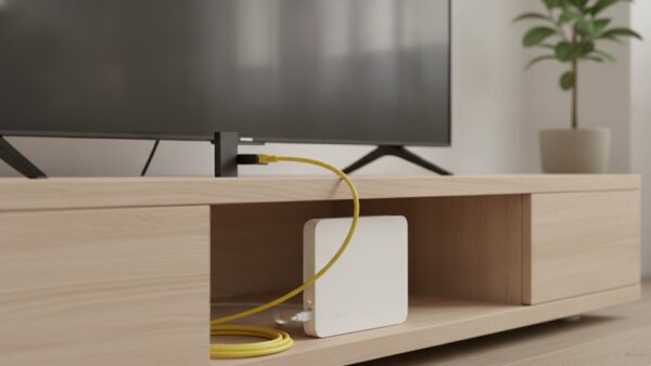zattoo login bild 3 WLAN-Router mit Netzwerkkabel hinter einem Fernseher – typische Ursache, wenn der Zattoo Login nicht funktioniert