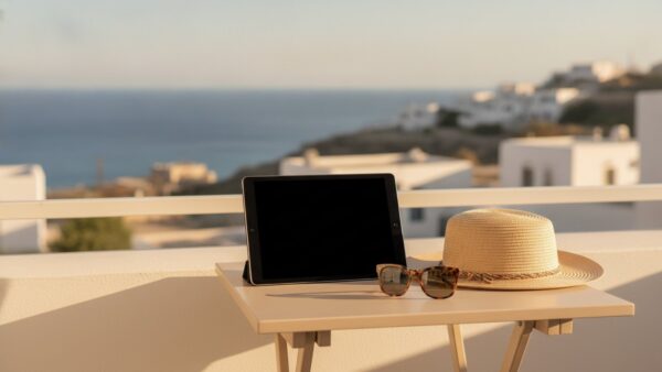 zattoo login bild 4 Tablet auf einem Balkon im Urlaub am Meer – Zattoo im Ausland nutzen