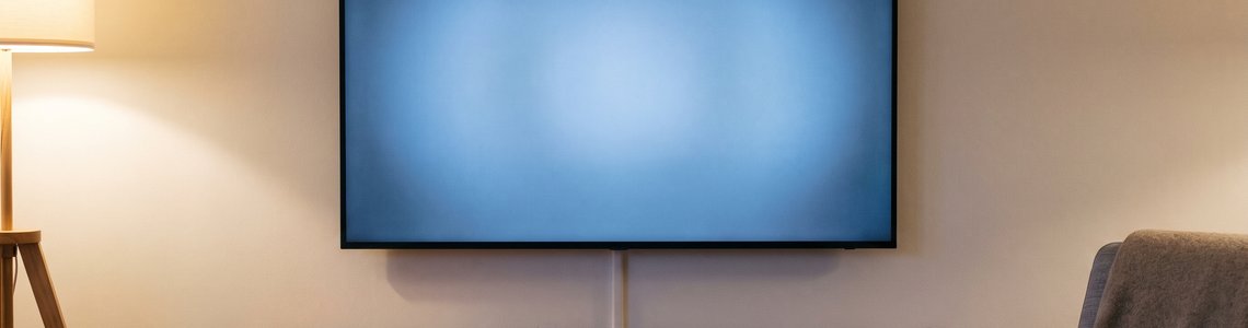 Wohnzimmer am Abend mit Fernseher, Streaming-Box und Fernbedienung auf einem Sideboard