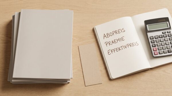 Zeitschriften-Abo mit Prämie: Magazinstapel, Gutscheinkarte und Notizblock mit Rechnung