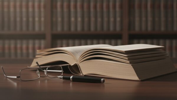 zigarettenpreis bild 2 Aufgeschlagenes dickes Buch mit Lesebrille und Füllfederhalter vor einer Regalreihe
