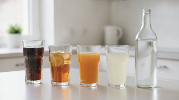 Limonade, Eistee, Orangensaft, Apfelschorle und Mineralwasser nebeneinander auf einer Arbeitsplatte