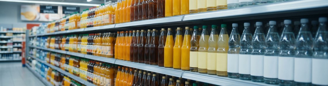 Supermarktregal mit Erfrischungsgetränken in unbeschrifteten Flaschen
