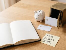 Notizbuch, Sparschwein, Bankkarte und kleiner Tresor mit Klebezettel „Abo, Monat, Jahr“ auf einem Holztisch