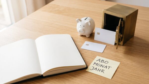 1password bild 1b Notizbuch, Sparschwein, Bankkarte und kleiner Tresor mit Klebezettel „Abo, Monat, Jahr“ auf einem Holztisch