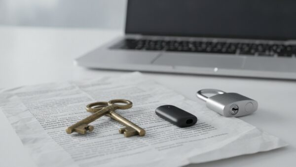 1password bild 2 Zwei gekreuzte Schlüssel, ein Hardware-Sicherheitsschlüssel und ein Vorhängeschloss vor einem Laptop