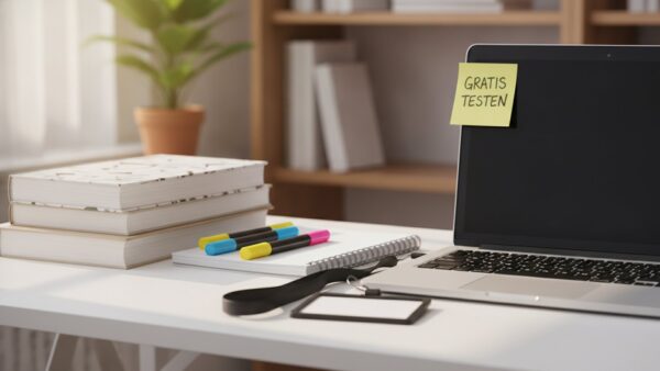 1password bild 3 Lehrbücher, Collegeblock, Schlüsselband mit leerer Ausweiskarte und Laptop mit Klebezettel „Gratis testen“
