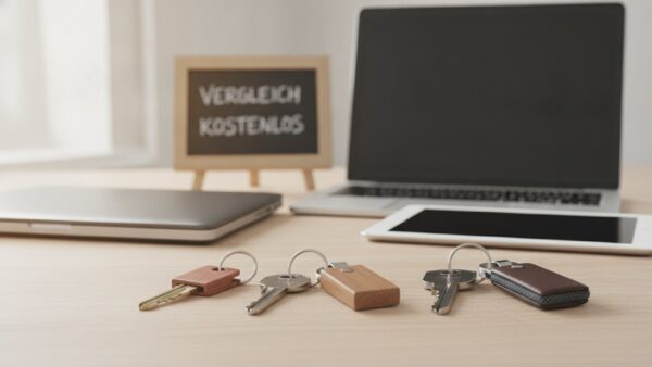 1password bild 4 Vier unterschiedliche Schlüssel an verschiedenen Anhängern vor Laptop und Tablet, Kreidetafel „Vergleich, kostenlos“