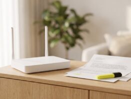 WLAN-Router auf einem Sideboard neben einem geöffneten Brief zur 1&1 Preiserhöhung