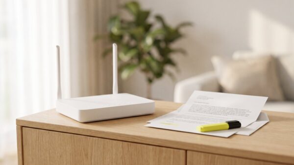 1und1 preiserhoehung bild 1 WLAN-Router auf einem Sideboard neben einem geöffneten Brief zur 1&1 Preiserhöhung