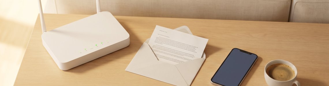 WLAN-Router auf einem Sideboard neben einem geöffneten Brief und einem Smartphone