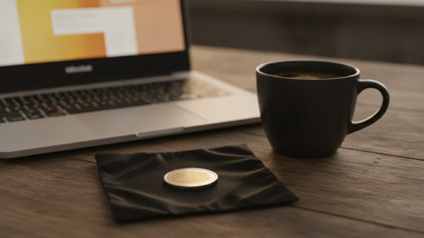 2 euro muenzen bild 3 Einzelne MĂĽnze auf einem Samttuch vor einem aufgeklappten Laptop mit unscharfem Bildschirm