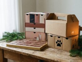 Verschiedene Adventskalender mit Schokolade, Kosmetik, Werkzeug und Tiersnacks auf einem Tisch