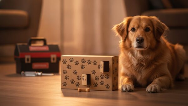 Hunde-Adventskalender mit geöffnetem Türchen und Werkzeugkalender im Hintergrund