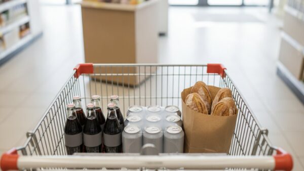 aldi coca cola bild 2 Einkaufswagen mit Colaflaschen ohne Etikett und Dosen-Sechserpack vor einem Aktionsaufsteller