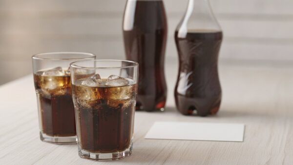 aldi coca cola bild 3 Zwei Gläser Cola mit Eis und zwei Flaschen ohne Etikett für einen Blindtest auf dem Tisch