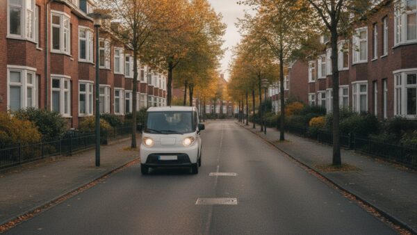 Elektro-Lieferwagen ohne Beschriftung in einer Wohnstraße mit Backsteinhäusern