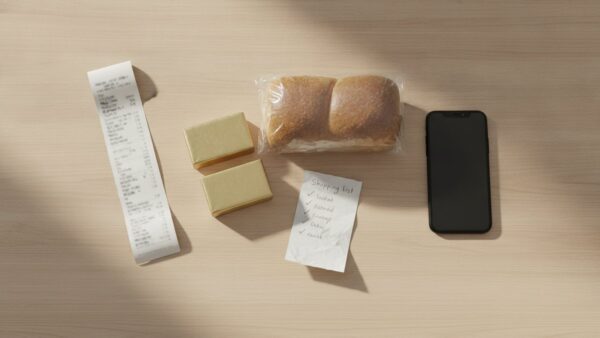 Butter, Brot, Kassenbon und Smartphone auf dem Küchentisch beim Preisvergleich
