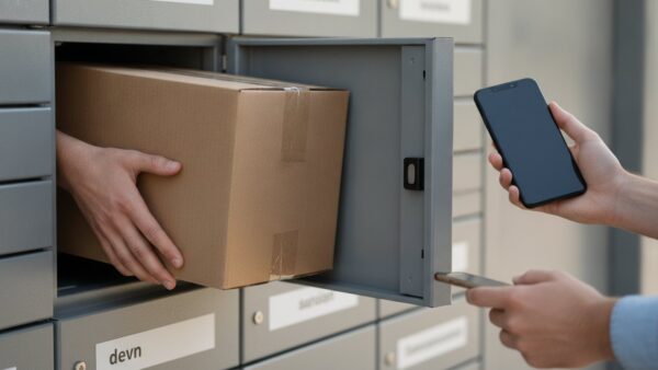 aldi paketstation bild 2 Hand nimmt ein Paket aus einem geöffneten Fach einer Paketstation