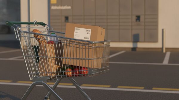 aldi paketstation bild 3 Einkaufswagen mit Lebensmitteln und einem Paket auf dem Parkplatz vor einer Paketstation