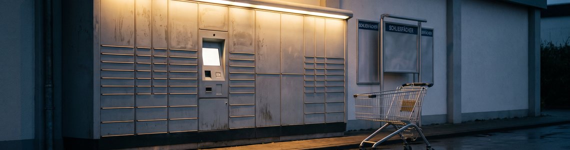 Paketstation an der Außenwand eines Supermarkts mit Einkaufswagen auf dem Parkplatz