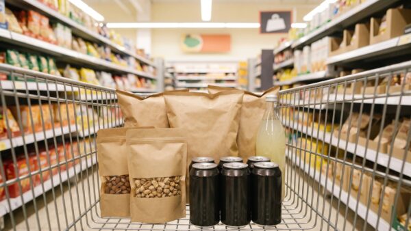 Einkaufswagen mit Chipstüten, Nüssen und Getränkedosen in einem Discounter
