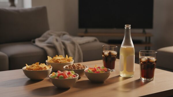 Couchtisch mit Chips, Nüssen, Fruchtgummis und Cola für einen Filmabend
