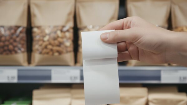 Hand mit Kassenbon vor einem leeren Preisschild an der Regalkante