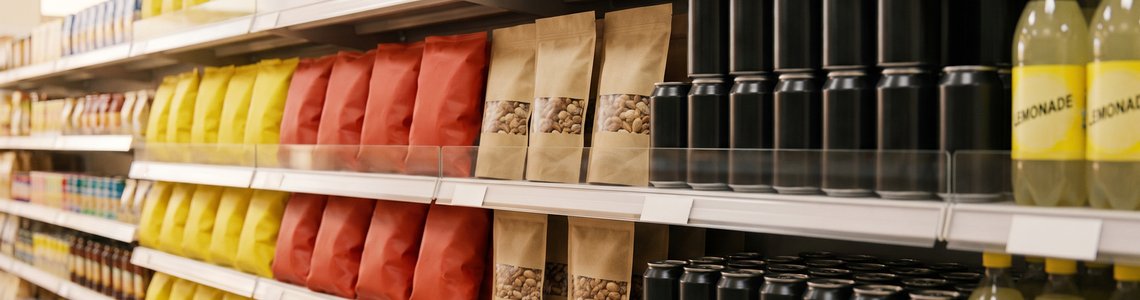 Supermarktregal mit Chipstüten, Nusstüten und Getränkedosen ohne Markennamen