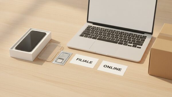 Smartphone mit Schutzhülle, Folie und SIM-Karte neben Laptop und Paket mit Karten „Filiale“ und „Online“