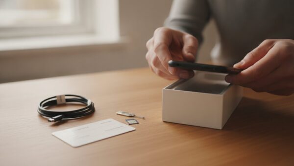 Hände packen ein neues Smartphone aus, daneben SIM-Karte und SIM-Werkzeug