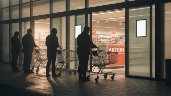Kunden mit Einkaufswagen warten morgens vor einem Supermarkt auf den Aktionsstart