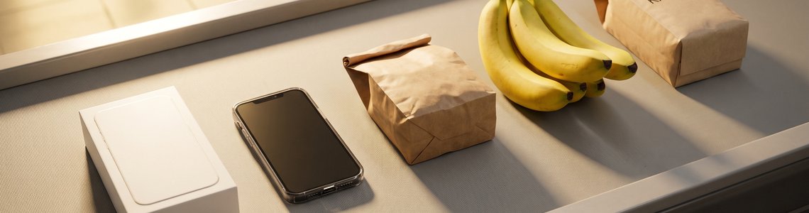 Smartphone in Schutzhülle und Karton auf einem Kassenband im Discounter