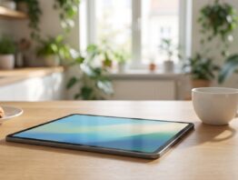 Amazon Alexa Tablet mit Aluminiumgehäuse auf einem Küchentisch neben einer Kaffeetasse